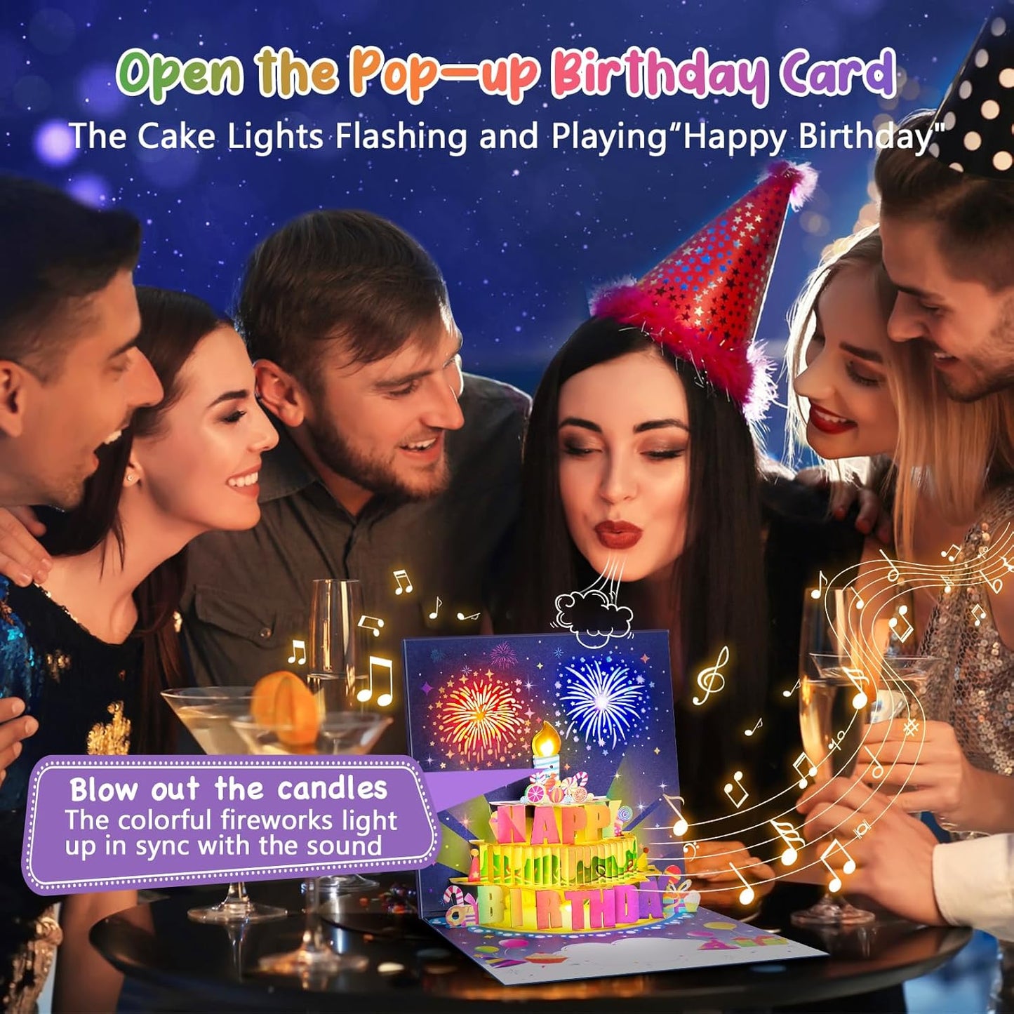 🎂Födelsedagskort med fyrverkerier och popup-tårta och uppblåsbart ljus och musik