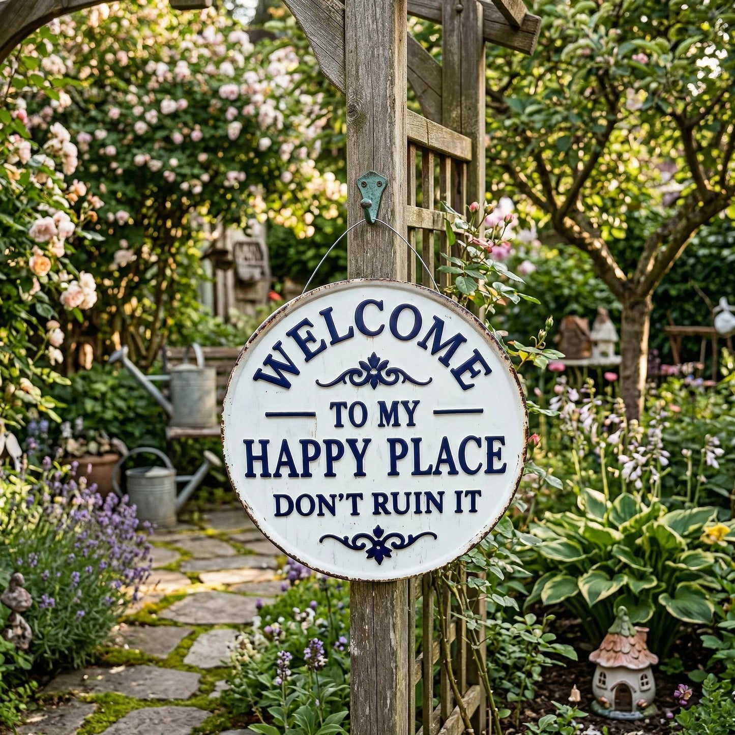 Vintage rund metallskylt – ”Välkommen till min lyckliga plats, förstör den inte” – väggdekoration för trädgården