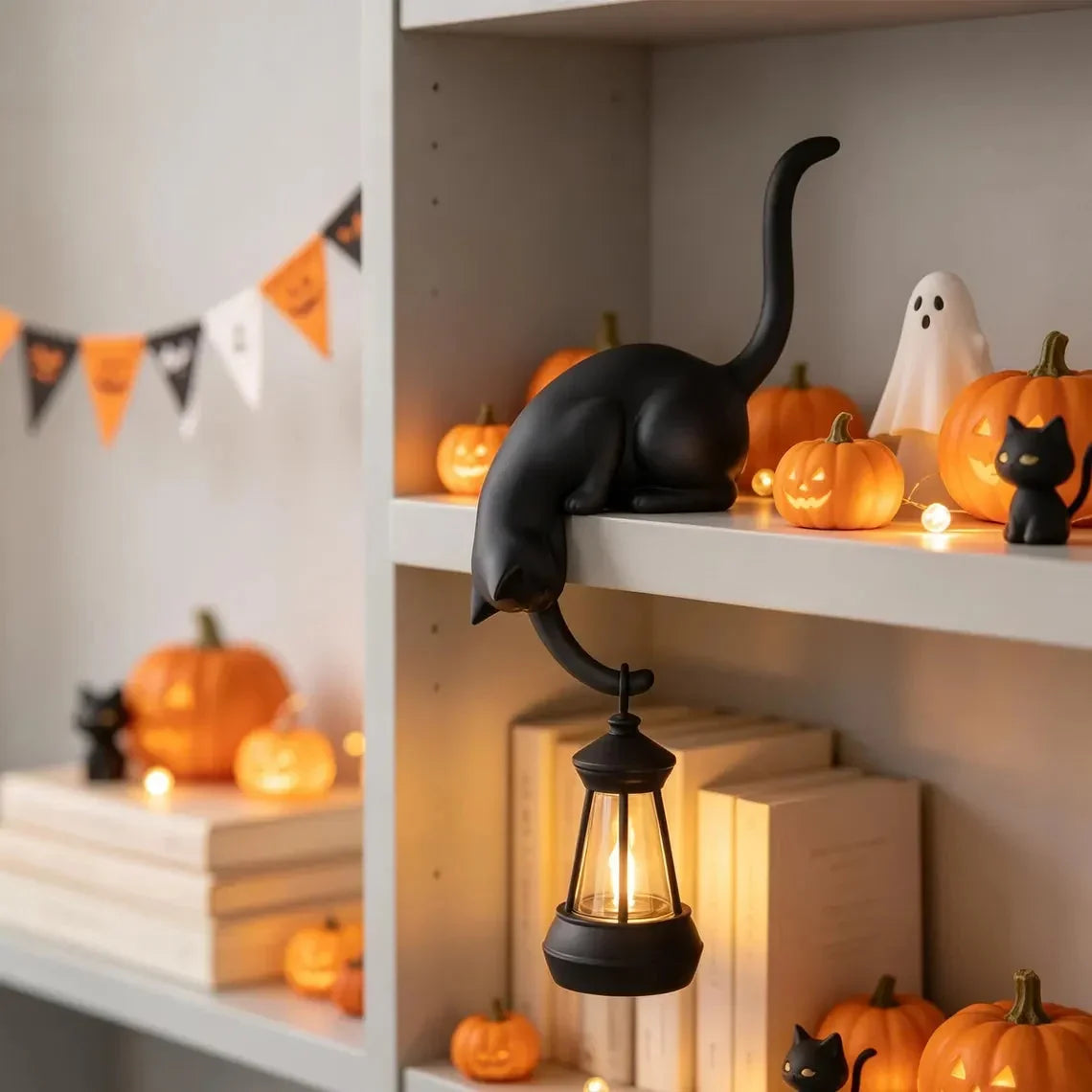 🐈‍Söt kattfigur till bokhyllan med LED-lampa – Söt dekoration till bokhyllan och praktisk nyckelhållar