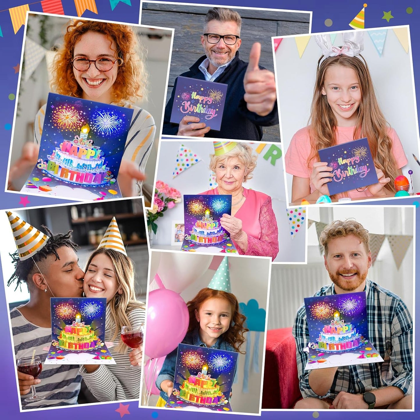 🎂Födelsedagskort med fyrverkerier och popup-tårta och uppblåsbart ljus och musik