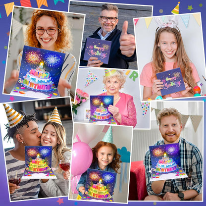🎂Födelsedagskort med fyrverkerier och popup-tårta och uppblåsbart ljus och musik