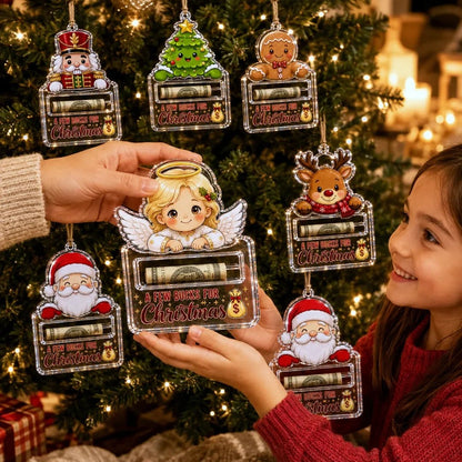 🎄Kristallklar julgransprydnad för kontanter | Premium klar akryl med festliga karaktärsdetaljer, dold kontanthållare och upphängningsrep ingår 💵✨