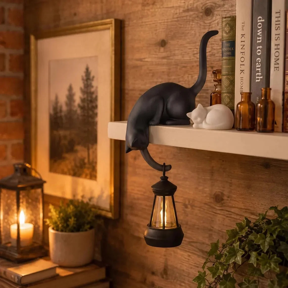🐈‍Söt kattfigur till bokhyllan med LED-lampa – Söt dekoration till bokhyllan och praktisk nyckelhållar