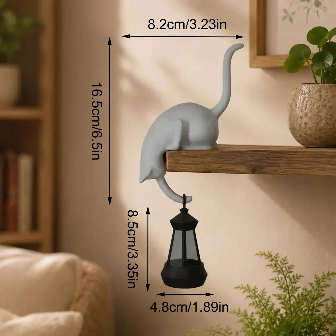 🐈‍Söt kattfigur till bokhyllan med LED-lampa – Söt dekoration till bokhyllan och praktisk nyckelhållar