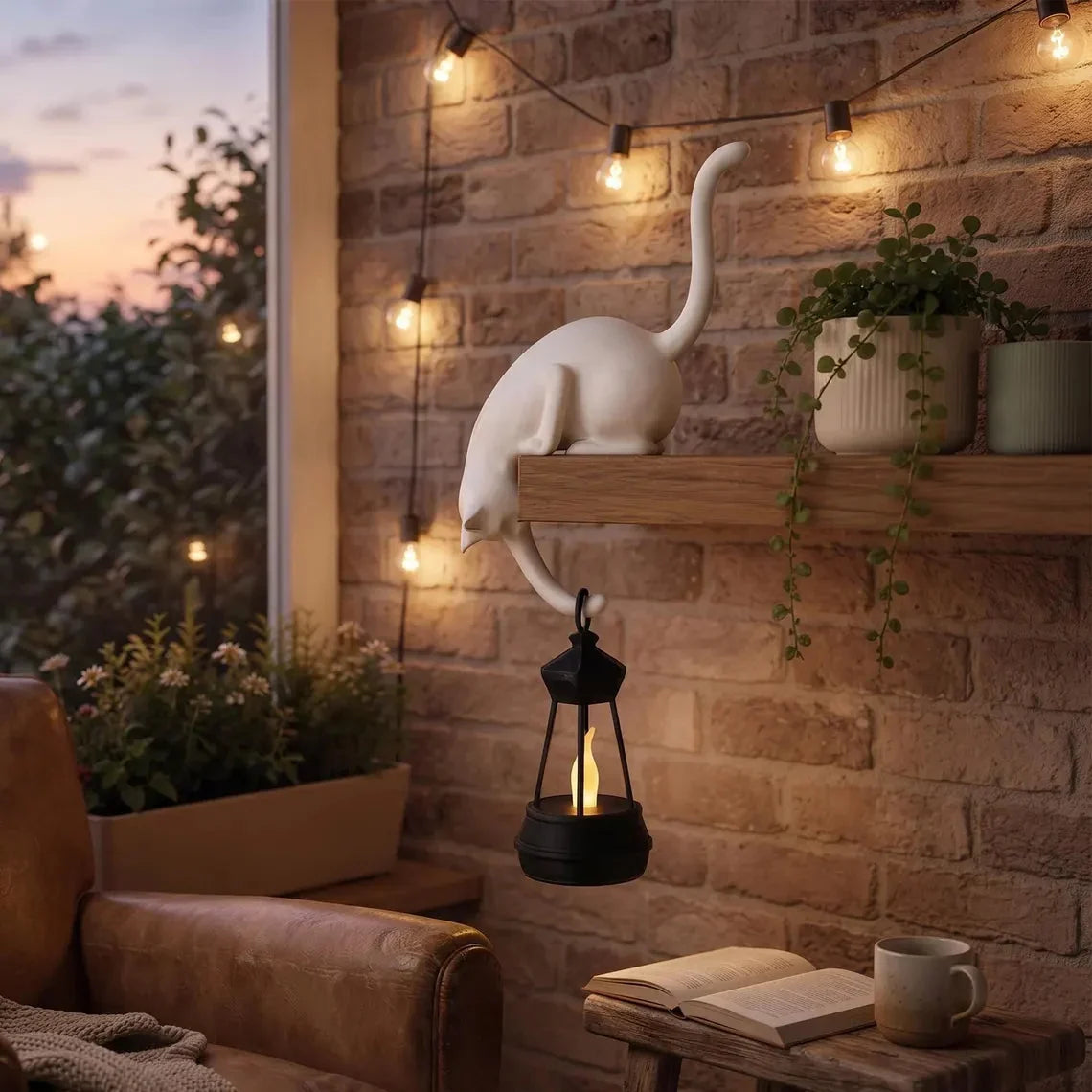 🐈‍Söt kattfigur till bokhyllan med LED-lampa – Söt dekoration till bokhyllan och praktisk nyckelhållar