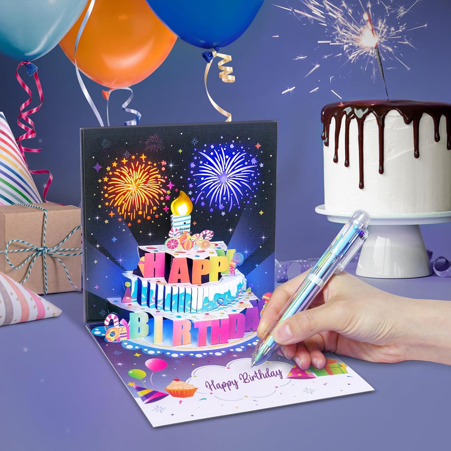 🎂Födelsedagskort med fyrverkerier och popup-tårta och uppblåsbart ljus och musik