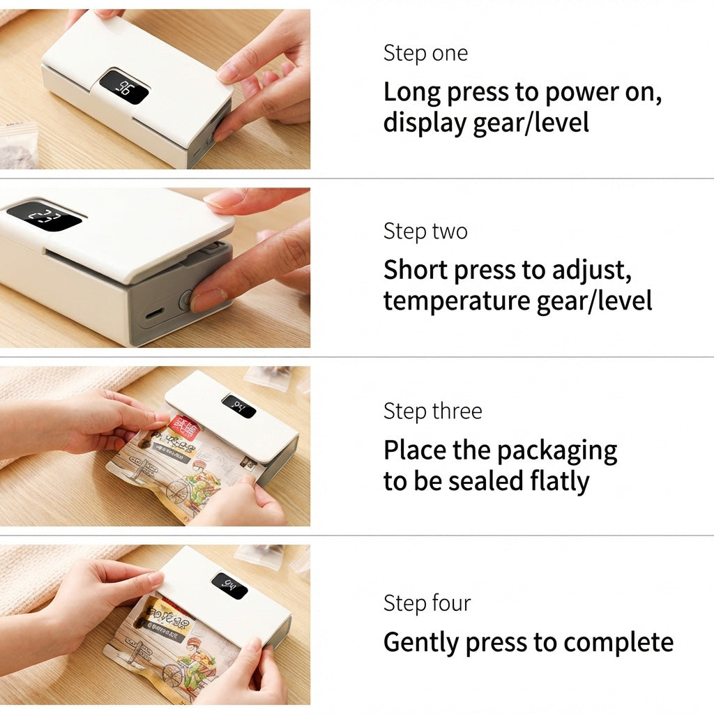 🔧Bärbar USB-förseglingsmaskin med två funktioner – försegling och öppning, LED-display med 6 inställningar