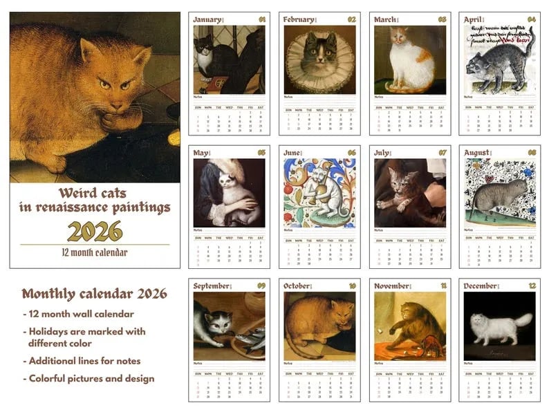 🔥Sista dagen 49 % RABATT - 😺📅 Weird Cats in Renaissance 2026 Väggkalender – 12 månader med konstnärlig kattig humor! ✨🎨