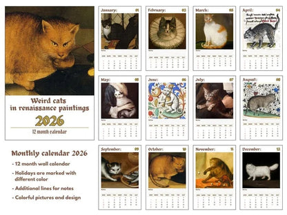 🔥Sista dagen 49 % RABATT - 😺📅 Weird Cats in Renaissance 2026 Väggkalender – 12 månader med konstnärlig kattig humor! ✨🎨
