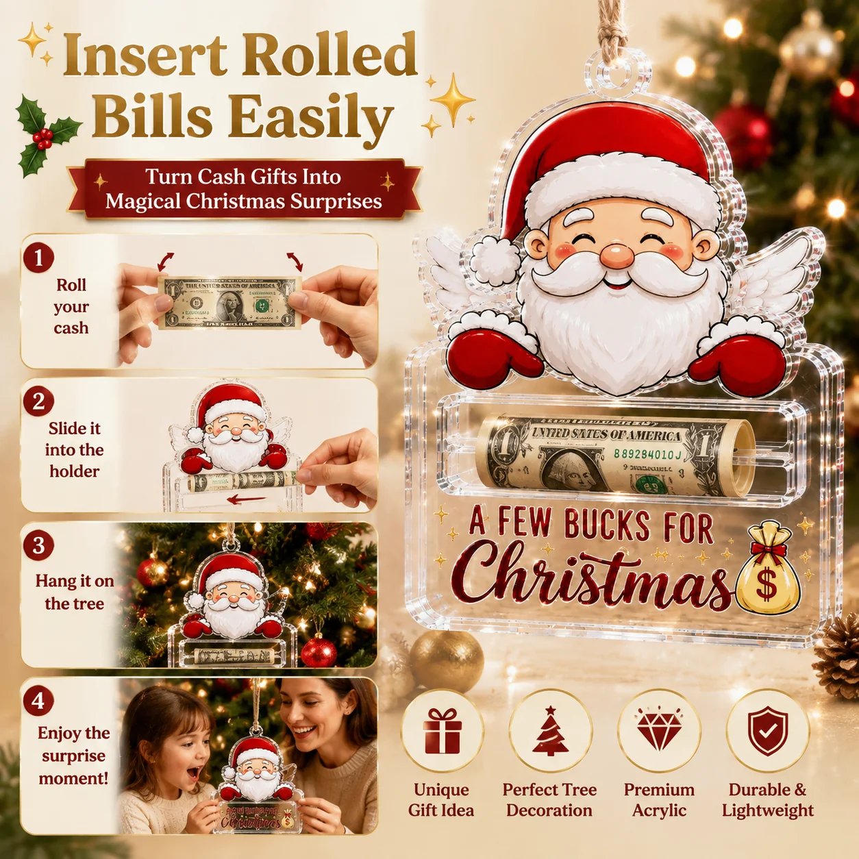 🎄Kristallklar julgransprydnad för kontanter | Premium klar akryl med festliga karaktärsdetaljer, dold kontanthållare och upphängningsrep ingår 💵✨