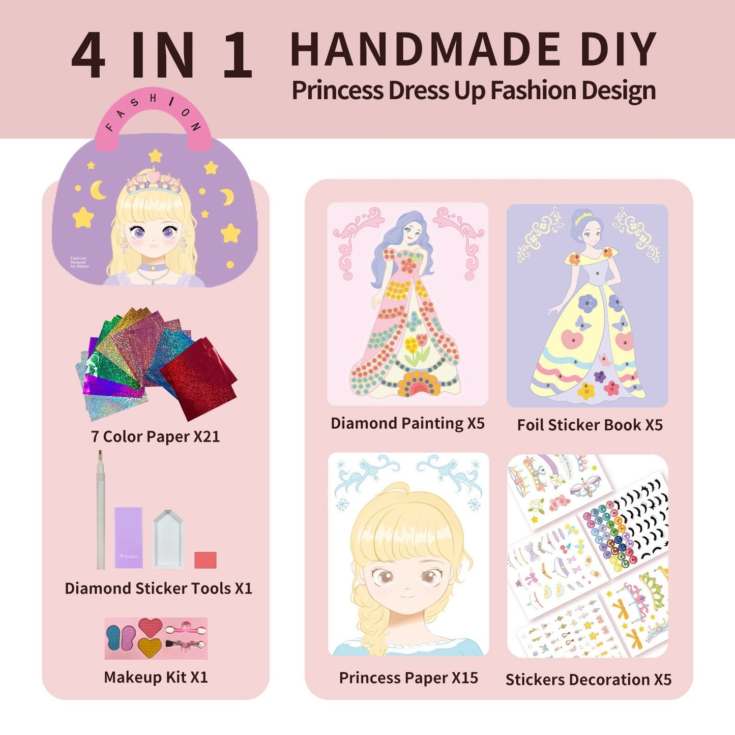 👸Prinsessans DIY-hantverkskit: smink, diamantkonst och klädsel