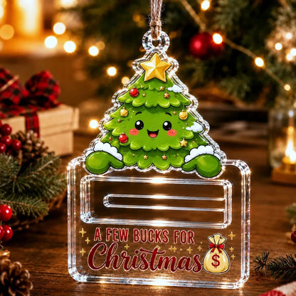 🎄Kristallklar julgransprydnad för kontanter | Premium klar akryl med festliga karaktärsdetaljer, dold kontanthållare och upphängningsrep ingår 💵✨
