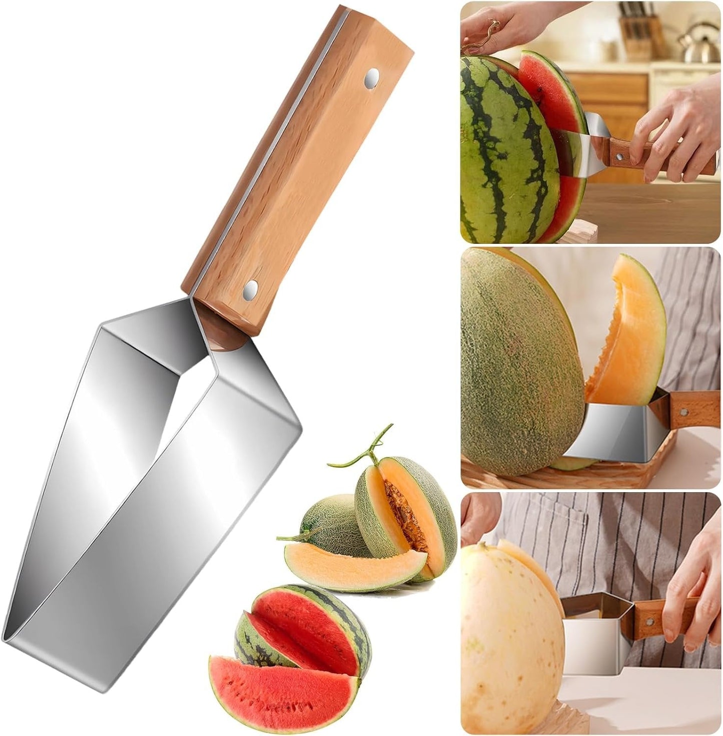 Triangulär vattenmelonskiva, rostfritt stål med trähandtag - Melonskärare, fruktskärare för köksredskap