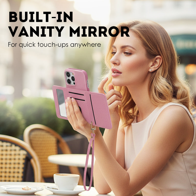 🔥Skyddande rosa mobilskal med spegel och handledsrem