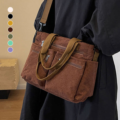 🤎Retro axelväska – corduroy-tygväska med flera fack, stor kapacitet, enkel axel-/crossbody-väska för vardagsbruk