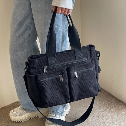 🤎Retro axelväska – corduroy-tygväska med flera fack, stor kapacitet, enkel axel-/crossbody-väska för vardagsbruk