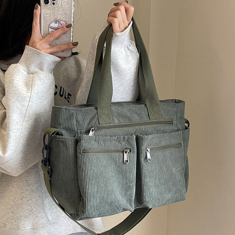 🤎Retro axelväska – corduroy-tygväska med flera fack, stor kapacitet, enkel axel-/crossbody-väska för vardagsbruk