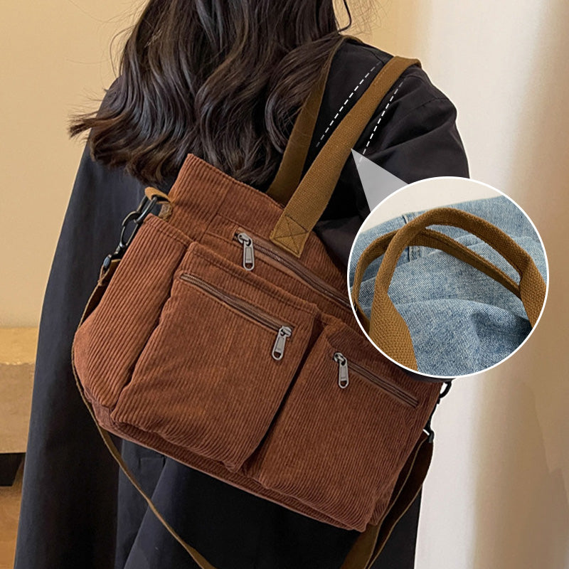 🤎Retro axelväska – corduroy-tygväska med flera fack, stor kapacitet, enkel axel-/crossbody-väska för vardagsbruk