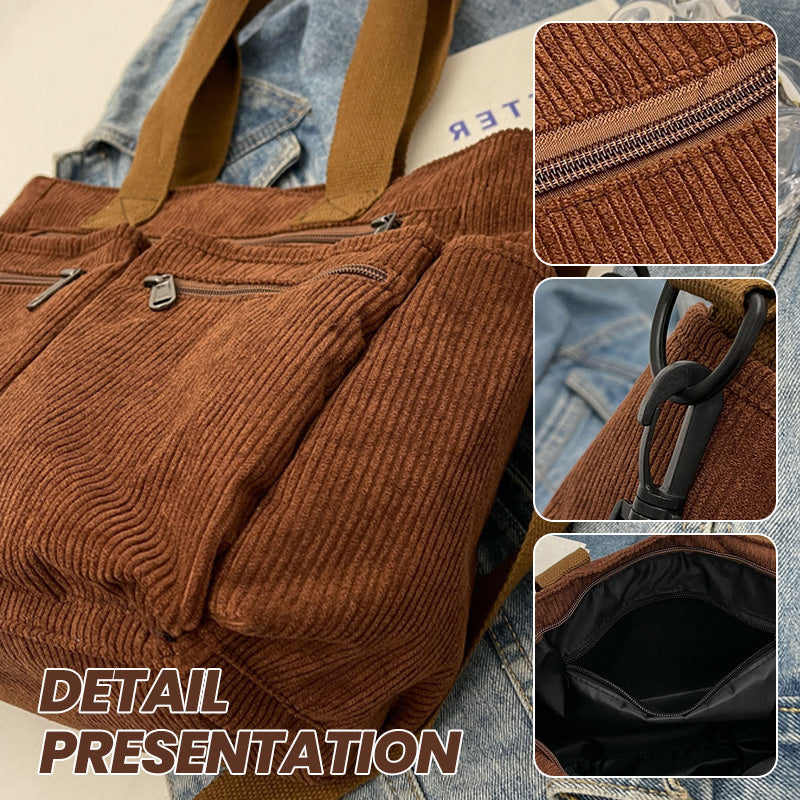 🤎Retro axelväska – corduroy-tygväska med flera fack, stor kapacitet, enkel axel-/crossbody-väska för vardagsbruk