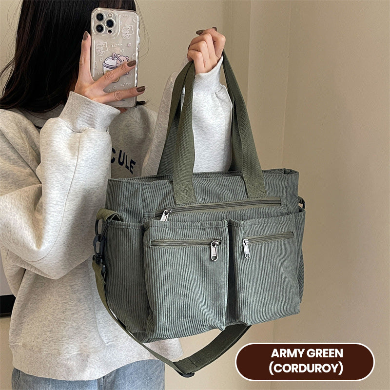 🤎Retro axelväska – corduroy-tygväska med flera fack, stor kapacitet, enkel axel-/crossbody-väska för vardagsbruk