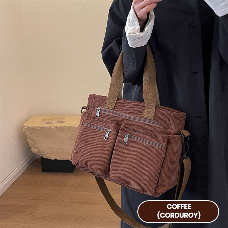 🤎Retro axelväska – corduroy-tygväska med flera fack, stor kapacitet, enkel axel-/crossbody-väska för vardagsbruk