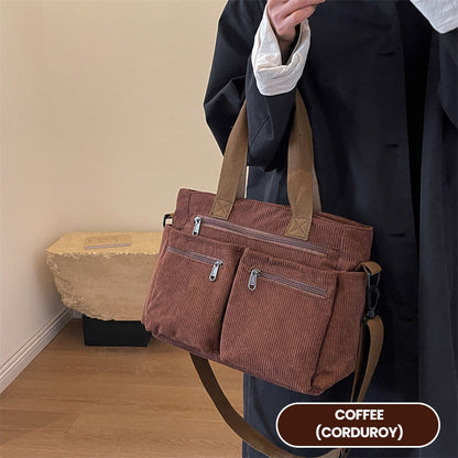 🤎Retro axelväska – corduroy-tygväska med flera fack, stor kapacitet, enkel axel-/crossbody-väska för vardagsbruk