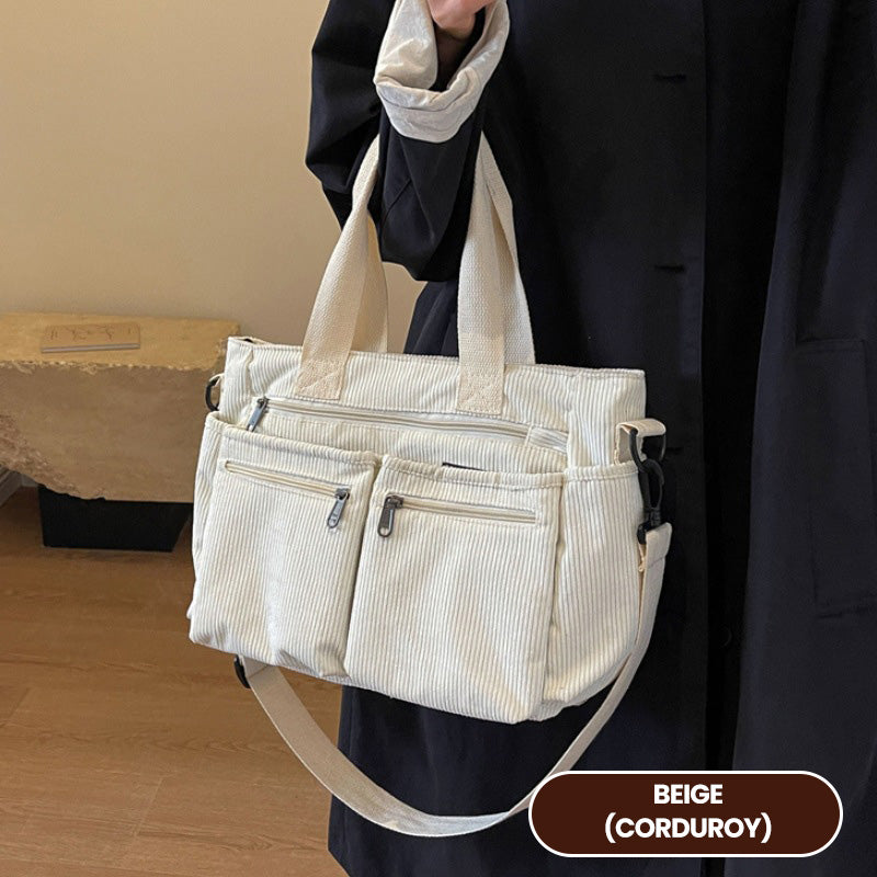 🤎Retro axelväska – corduroy-tygväska med flera fack, stor kapacitet, enkel axel-/crossbody-väska för vardagsbruk