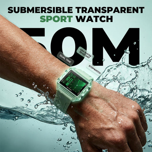⌚ 50% RABATT NU! 💧 Transparent digitalklocka – 50M vattentät, självlysande display och hybridtid – stil möter funktion ✨